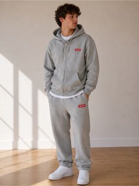 grey Supreme Small Box Zip Up hooded sweatshirt and matching sweatpants set